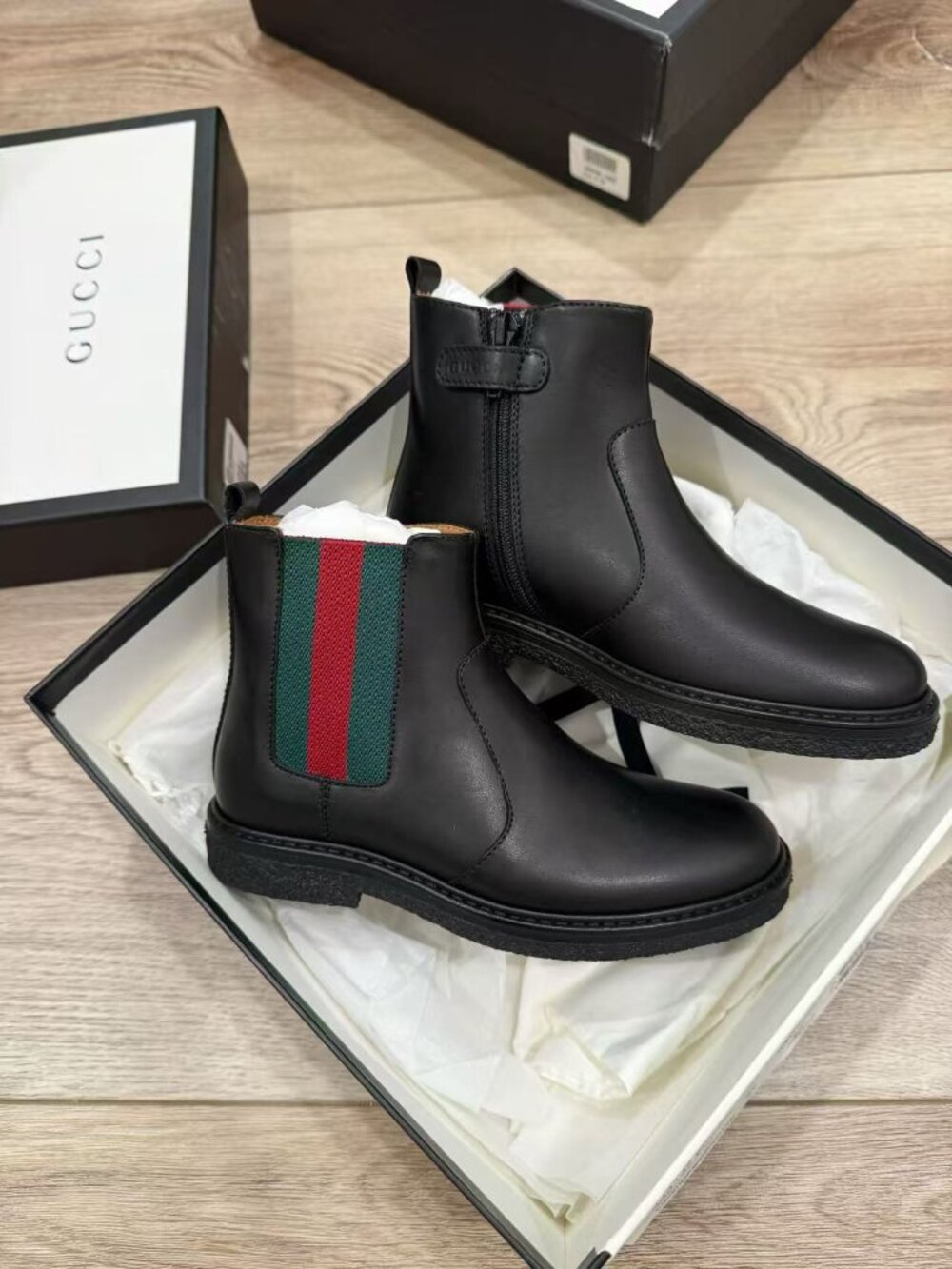 NIB Authentic Gucci Kids Black Leather Ankle Boots